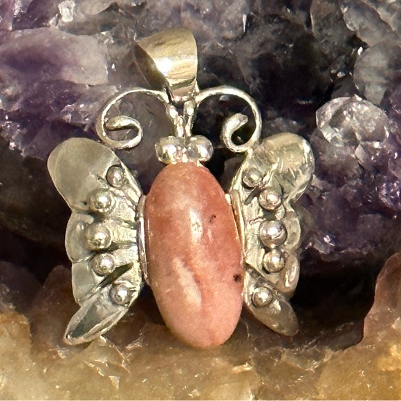 Rhodochrosite butterfly sterling silver pendant - Picture 2 of 5
